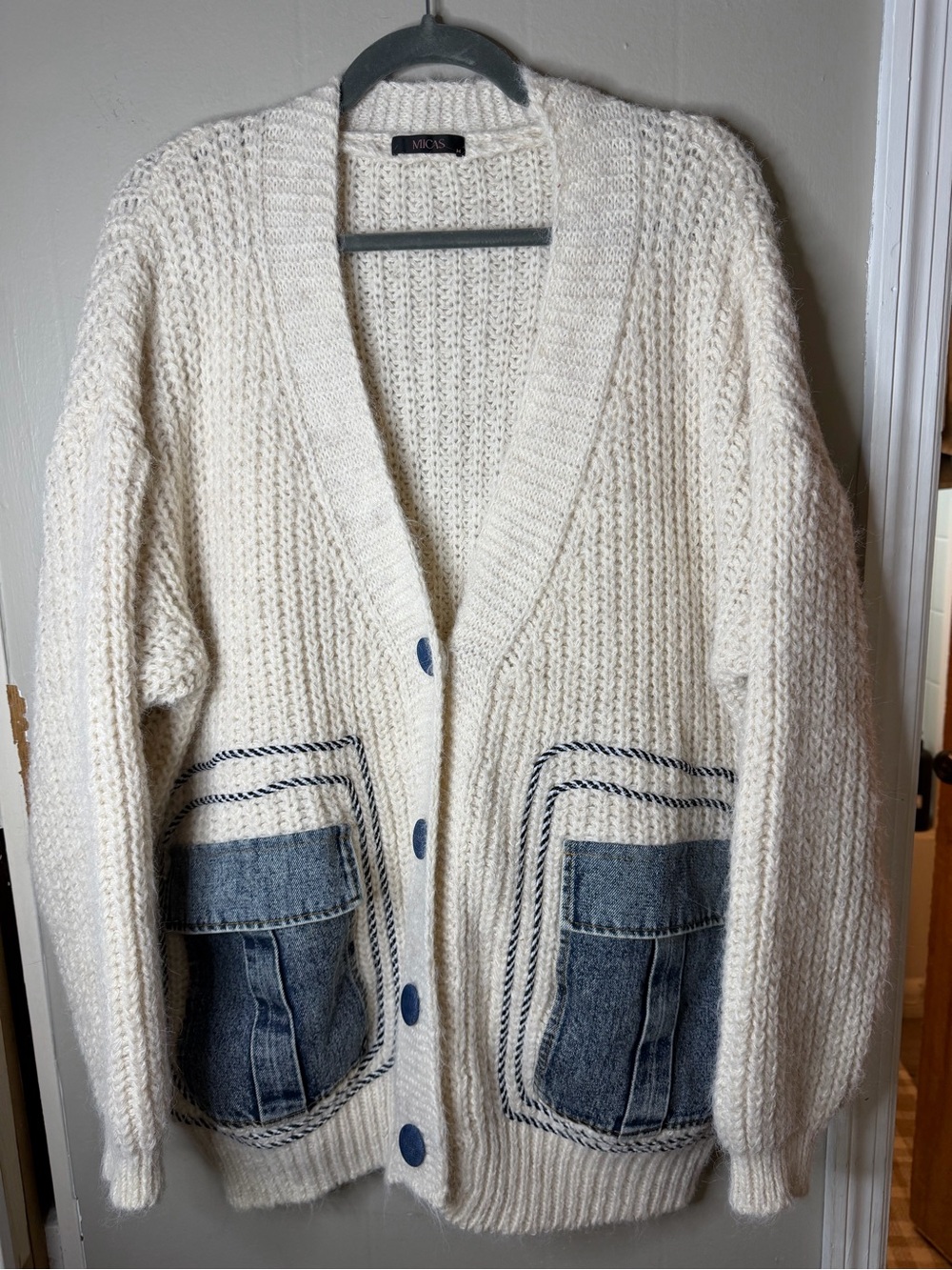 Micas Knitted Denim Patchwork Pocket Boho Cardigan Size Medium